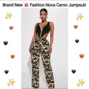 NWT 💥 Fashion Nova Black and Camo Jumpsuit, Size L